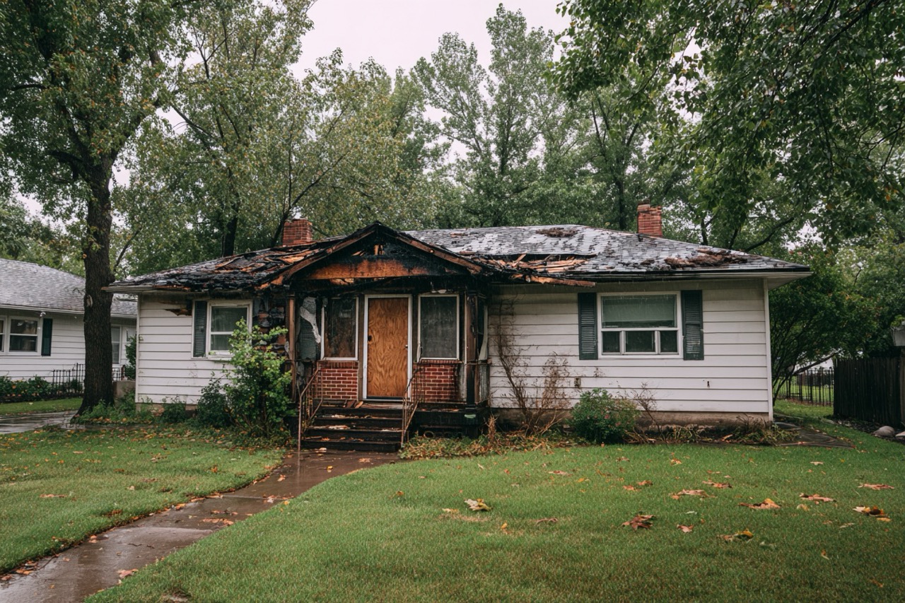 Fire damaged house for sale in Kansas City Missouri residential neighborhood