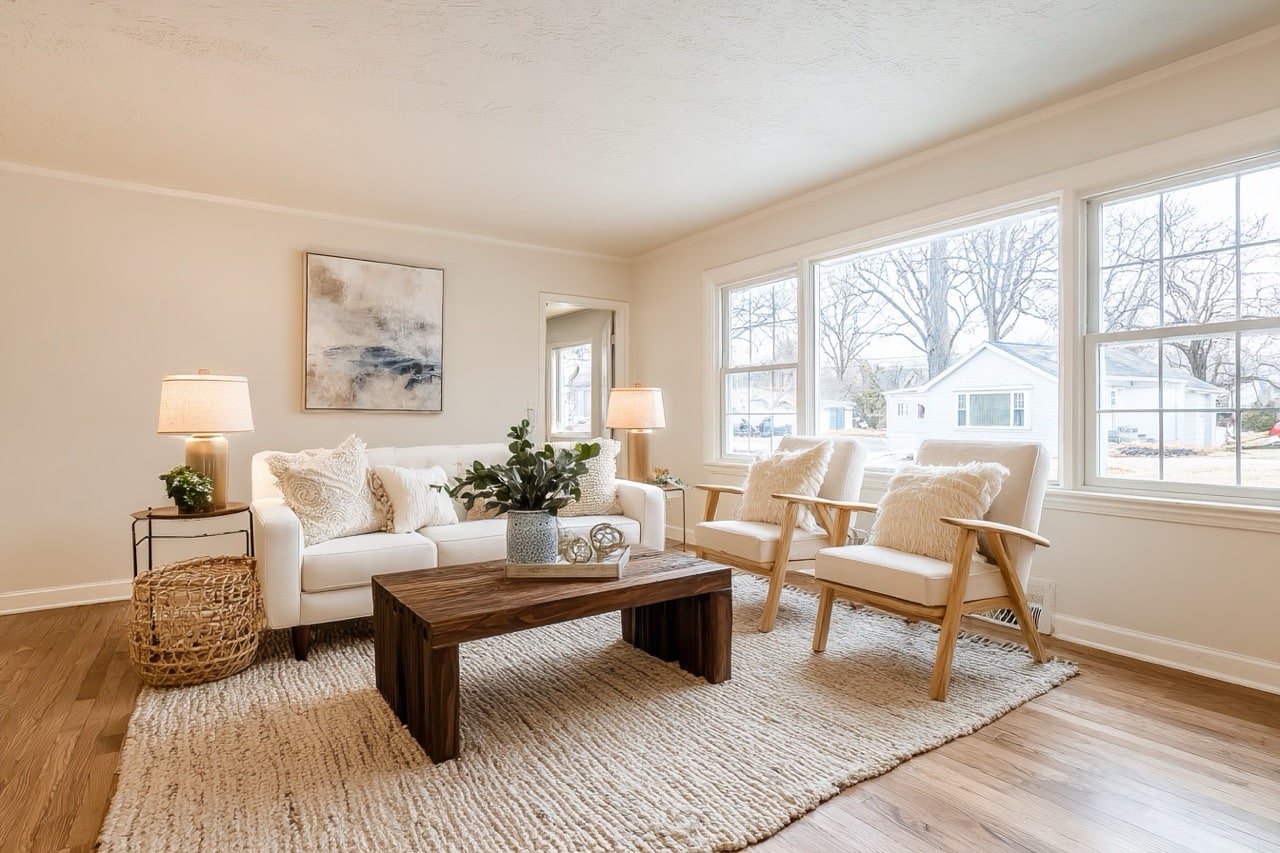Interior shot of modest Kansas City Missouri home living room for FSBO listing