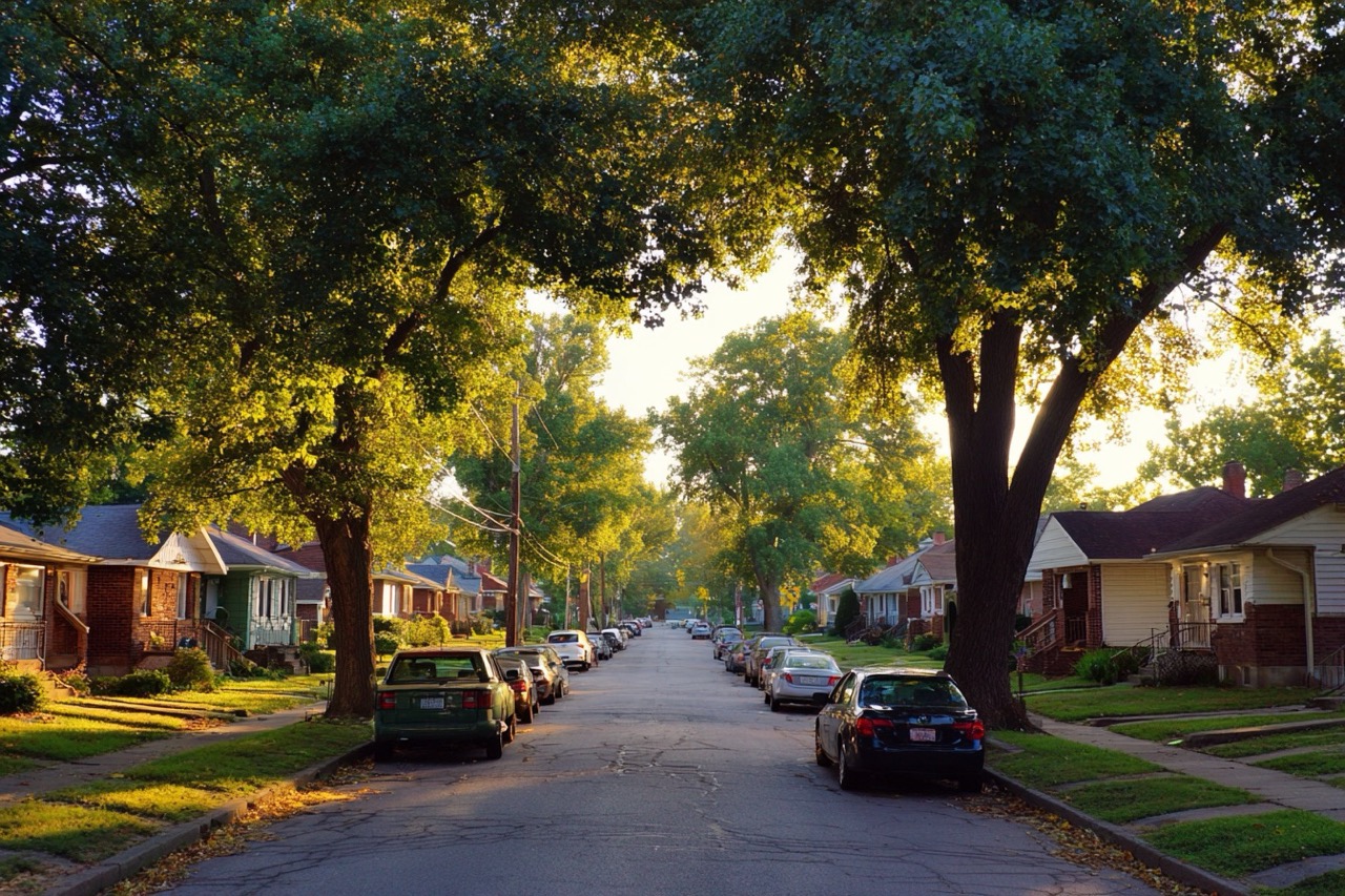 Typical Kansas City Missouri residential neighborhood street with homes for sale