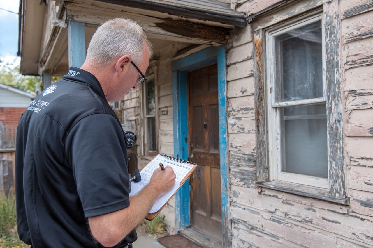 Property owner inspecting vacant Kansas City Missouri home for security