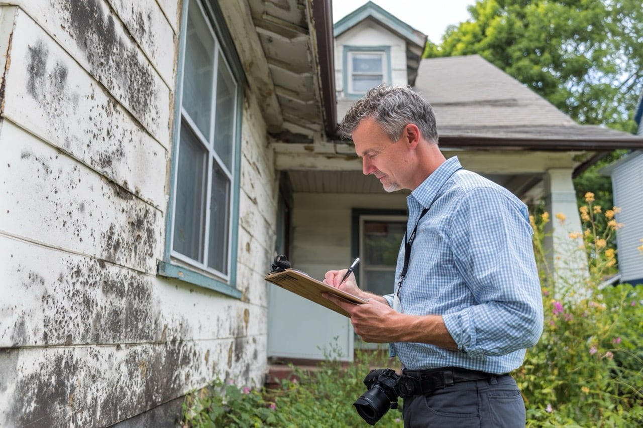 Real estate investor evaluating storm damaged house in Kansas City MO